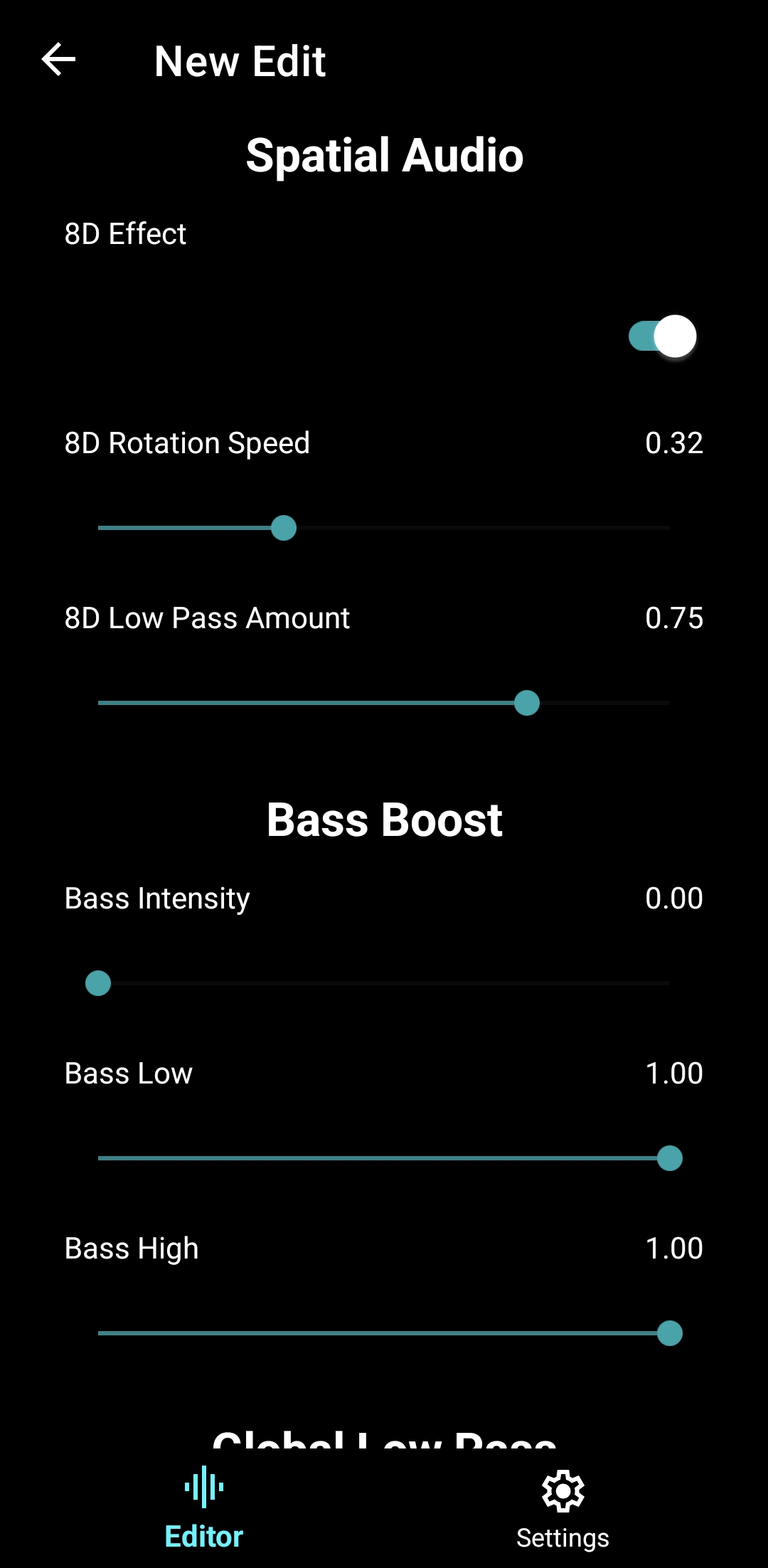 Customizing 8D audio, slowed + reverb and bass booster levels for immersive phonk and drift music.