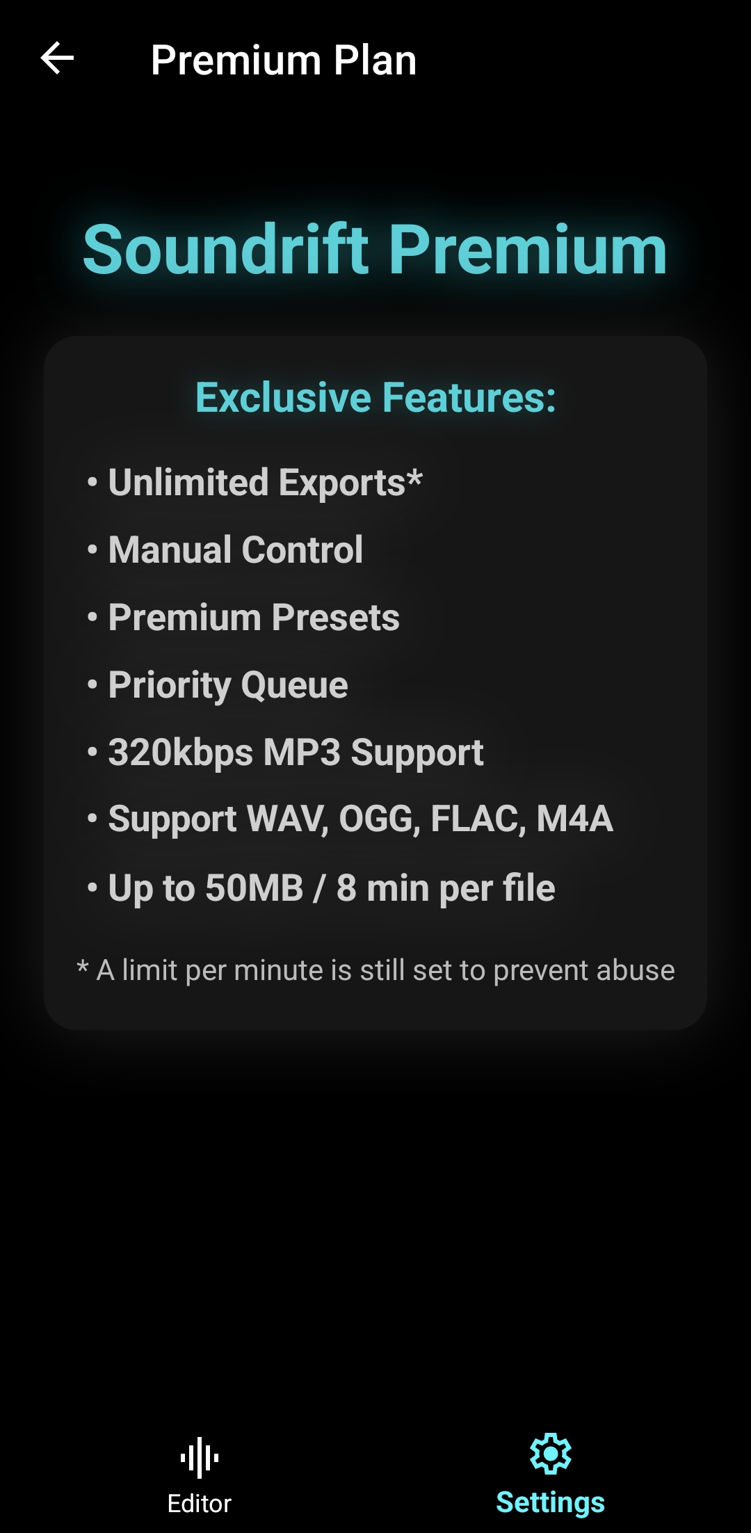 Soundrift Premium features: Unlock unlimited exports, priority cloud processing, and high-fidelity lossless audio.